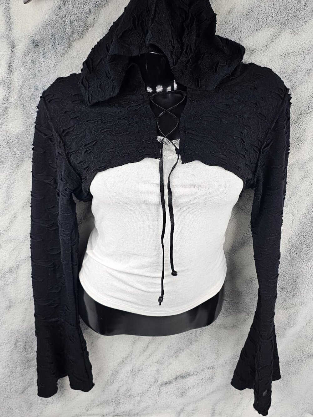 Widow XXL Black Shredded Distressed Hole Lined Shrug Hoodie Lace Up Bell Sleeve